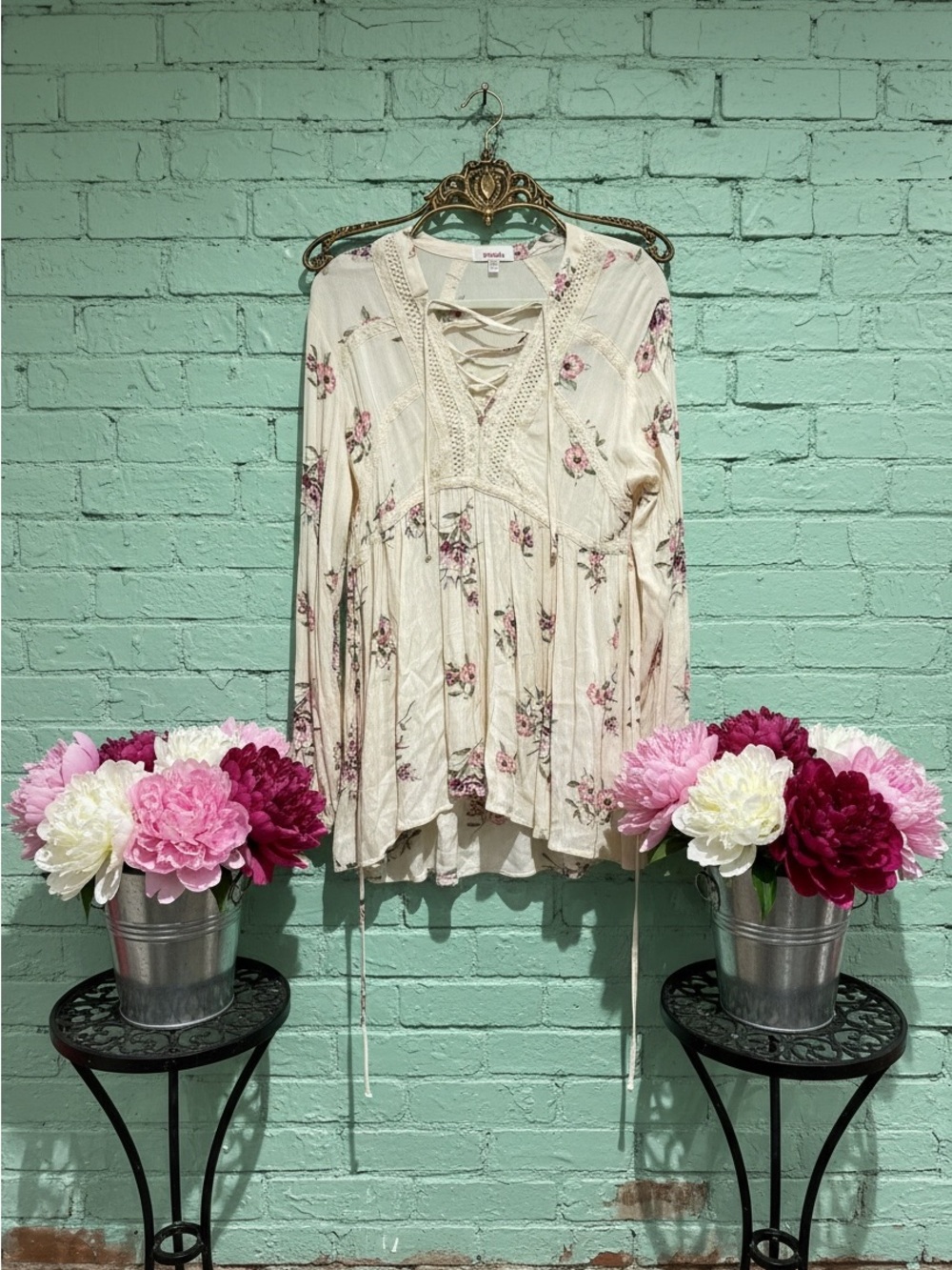 BONGO pale pink Floral Lace-Up Peasant Tunic/mini dress